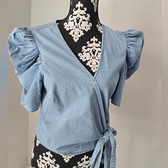 Bar III Elegant Sky Blue Puff Sleeve Wrap Blouse Size XL - Picture 5 of 16